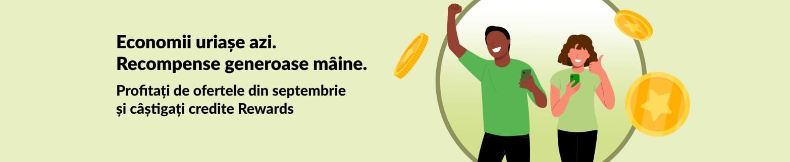 Banner iHerb Rewards cu clienți care economisesc cu monede, promovând ofertele din septembrie și programul Rewards.