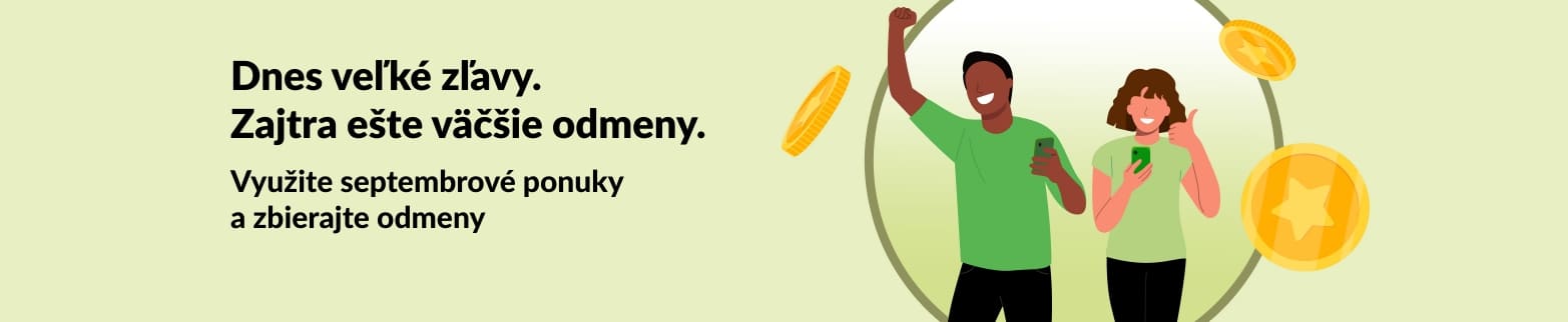 Banner iHerb Odmeny zobrazujúci zákazníkov oslavujúcich úspory s mincami, propagujúci septembrové akcie a vernostný program odmien.