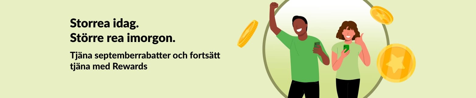 iHerb rewards-banderoll som visar kunder firandes besparingar med mynt, marknadsför septemberrean och det pågående Rewards-programmet  