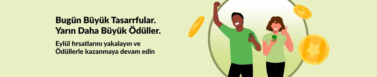 iHerb ödül afişi: Müşterilerin madeni paralarla tasarruflarını kutladığını gösteren, Eylül fırsatlarını ve devam eden ödül programını tanıtan afiş.
