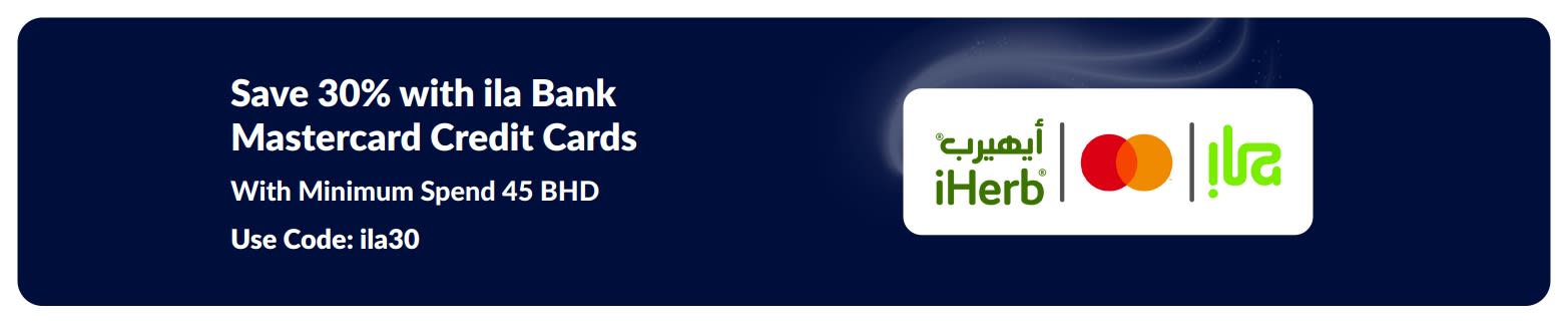 Promotional banner offering 30% off with ila Bank Mastercard cards at iHerb, with a minimum spend of 45 BH.
