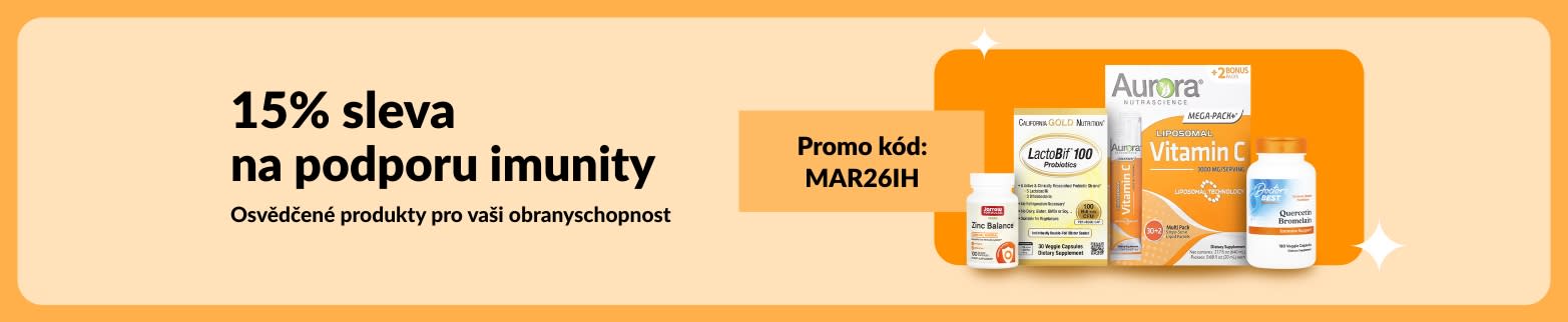 Banner s 15% slevou na produkty pro posílení imunity s vitamínovými doplňky a kódem MAR26IH pro každodenní obranyschopnost.