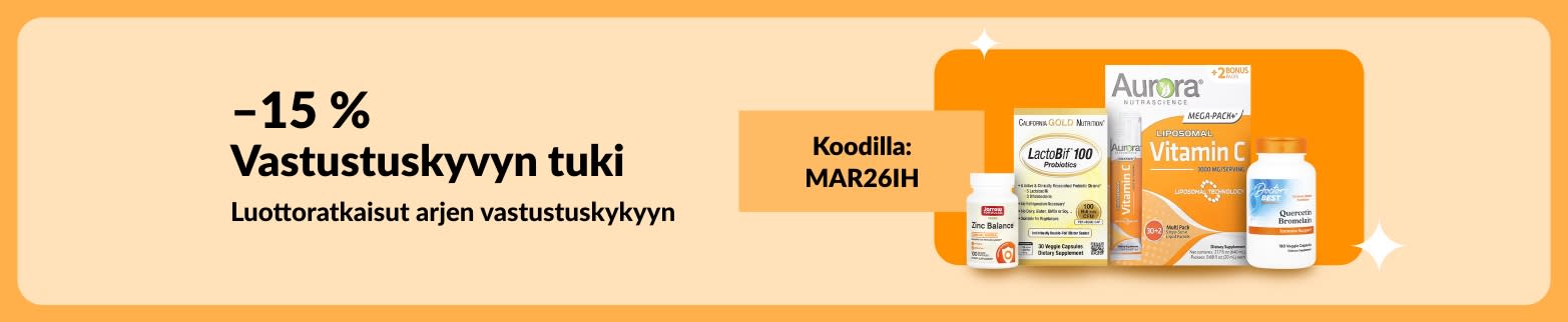 Banneri, joka tarjoaa –15 % vastustuskykyä tukevista tuotteista. Kuvassa vitamiinilisiä ja tarjouskoodi MAR26IH.