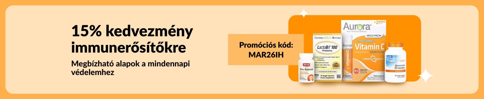 Immunerősítőkre 15% kedvezményt kínáló banner vitaminokkal, illetve MAR26IH kóddal a mindennapi védelemhez szükséges termékekre.