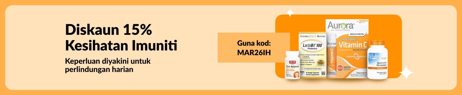 Sepanduk tawaran kesihatan diskaun 15% dengan suplemen vitamin dan kod MAR26IH untuk keperluan perlindungan harian.