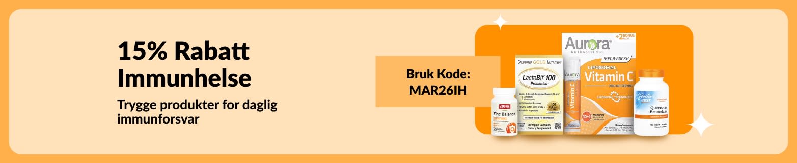 15 % rabatt på salg av artikler for immunhelse med vitamintilskudd og kode MAR26IH for daglige nødvendigheter for immunforsvaret.