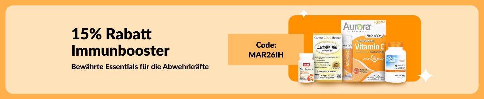 15% Rabatt für das Immunsystem Sale-Banner mit Vitaminpräparaten und Code MAR26IH für die Abwehrkräfte.