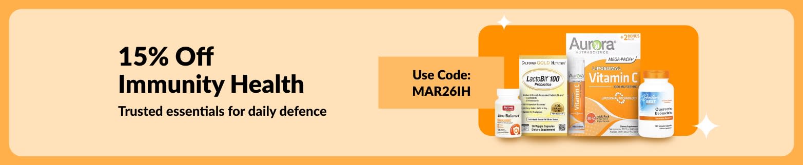 15% off immunity health sale banner with vitamin supplements and code MAR26IH for daily defence essentials.