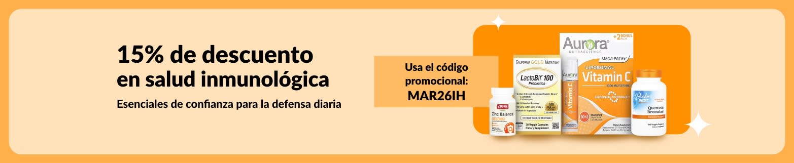 Banner de oferta del 15% de descuento en salud inmunológica con suplementos vitamínicos y el código MAR26IH para productos esenciales de defensa diaria.
