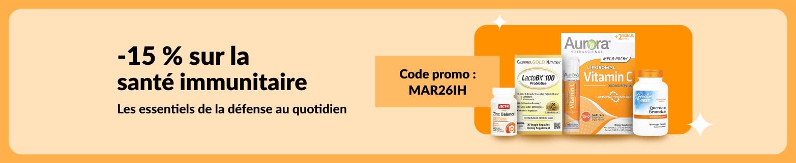Bannière promo santé immunitaire : -15 % sur les compléments avec le code MAR26IH pour les essentiels de défense quotidienne.