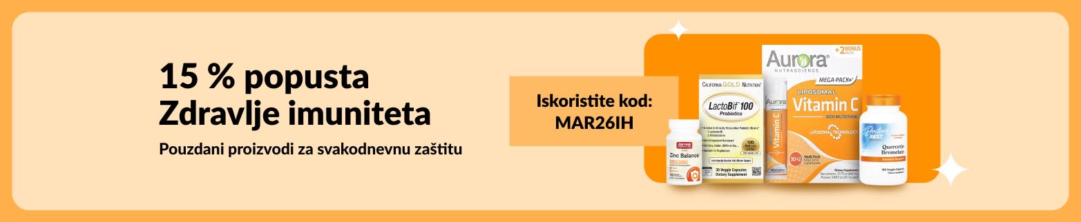 Reklamni natpis koji promovira 15 % popusta na vitaminske dodatke za zdravlje imuniteta uz kod MAR26IH za osnovne proizvode za svakodnevnu zaštitu.