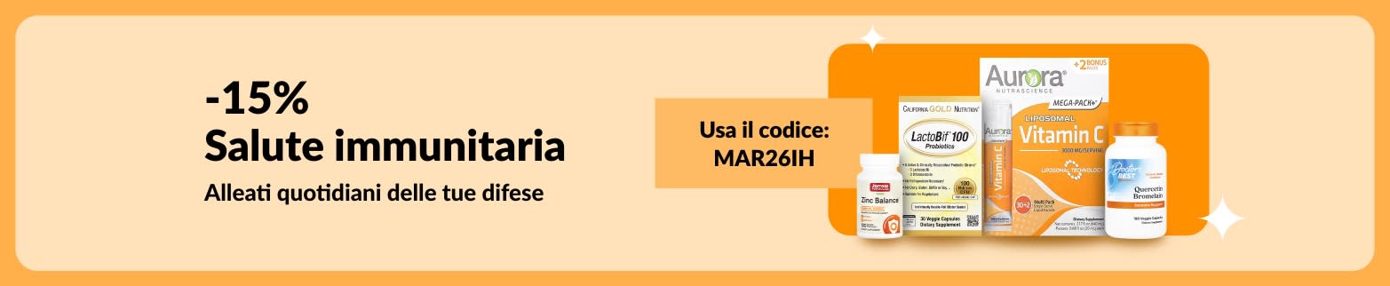 Banner che comunica il 15% di sconto sui prodotti che supportano le difese immunitarie, con integratori di vitamine e il codice MAR26IH per gli alleati quotidiani delle difese immunitarie.