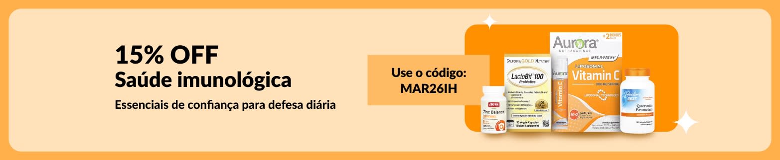 Banner de 15% OFF em produtos para imunidade, com suplementos vitamínicos e código MAR26IH para itens essenciais de defesa diária.