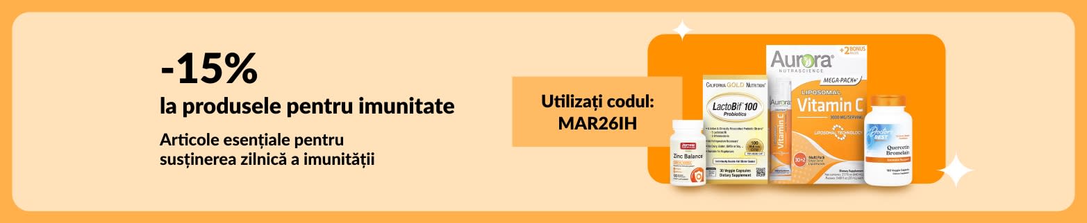 Banner cu 15% reducere la produsele pentru imunitate, cu vitamine și codul MAR26IH, pentru apărarea zilnică a corpului.