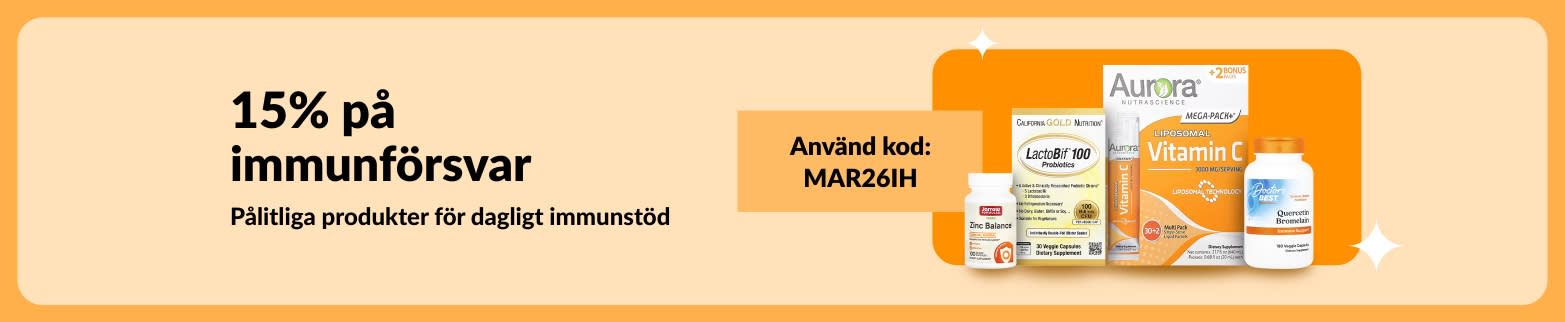 Banner med 15% rabatt på immunförsvar med vitamintillskott och koden MAR26IH för dagliga tillskott för immunstöd.