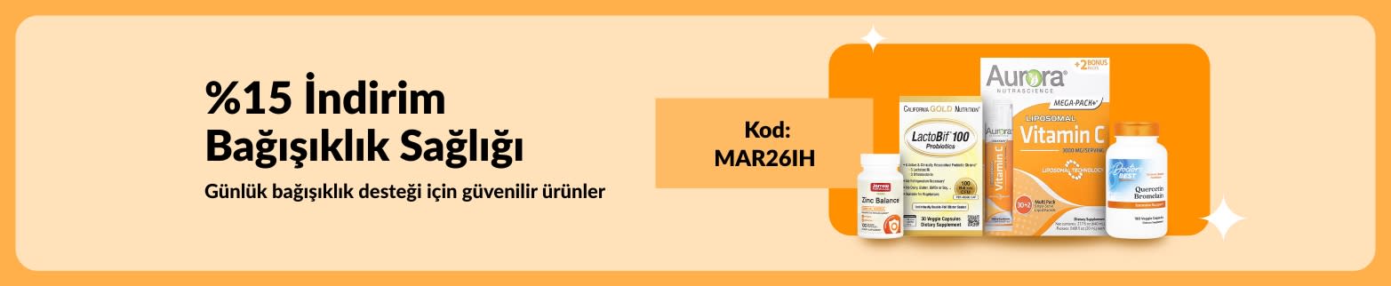 Günlük savunma ihtiyaçları için vitamin takviyeleri ve MAR26IH koduyla %15 indirimli bağışıklık sağlığı kampanyası bannerı.