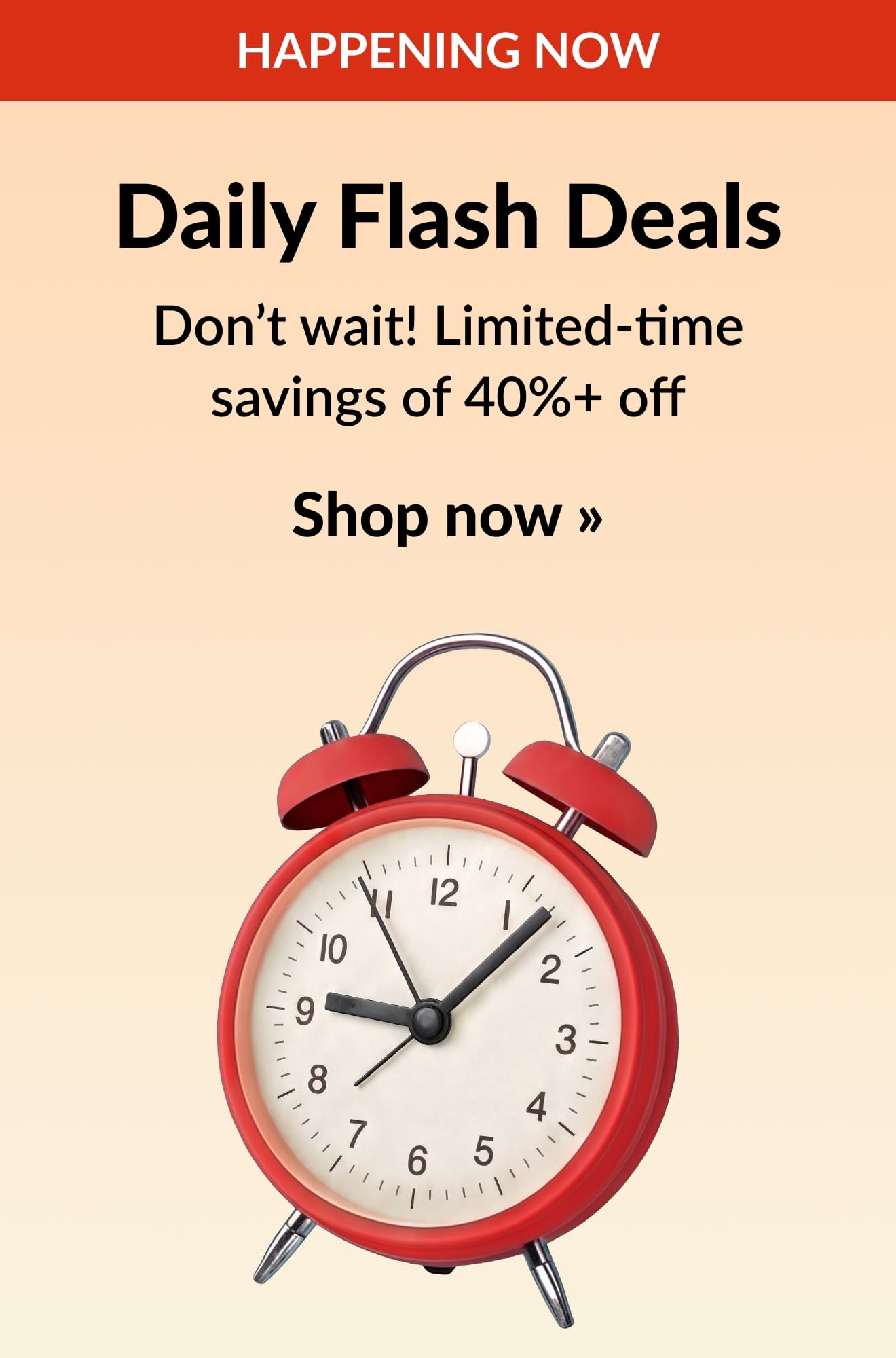 Daily Flash Deals banner with a red alarm clock, offering limited-time savings of 40%+ off. Shop now.