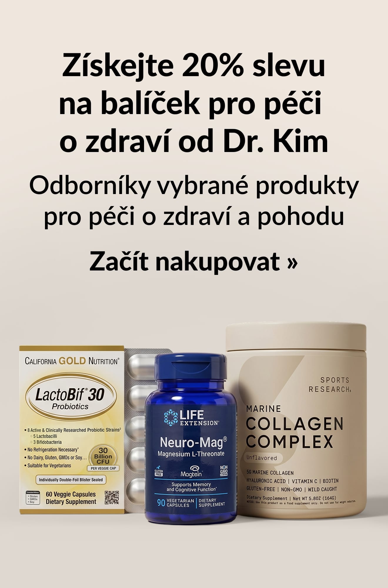 Banner propagující 20% slevu na balíček pro péči o zdraví od Dr. Kim. Začít nakupovat.