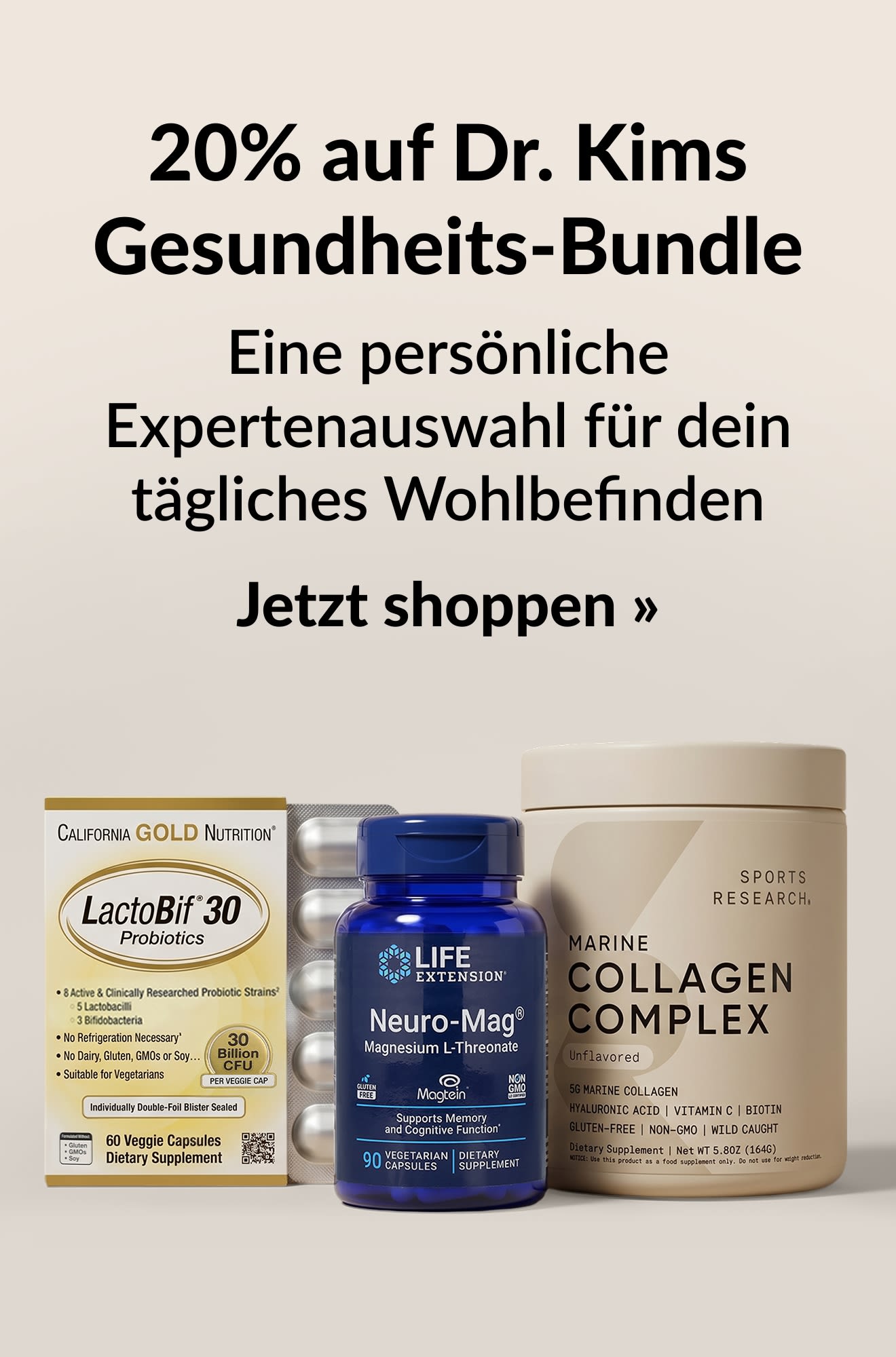 Beauty-Banner mit 20 % Rabatt auf ein Bundle von Dr. Kim. Jetzt shoppen.