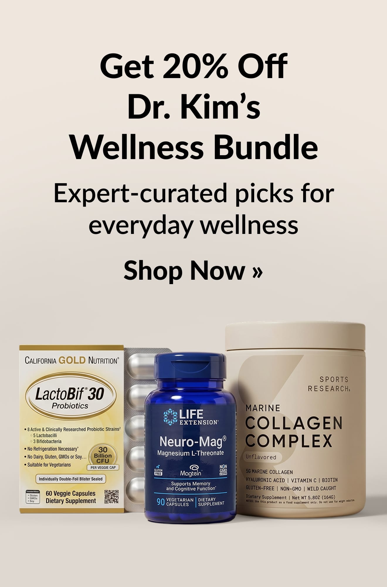 Beauty banner promoting 20% Off Dr. Kim's Wellness Bundle. Shop Now.