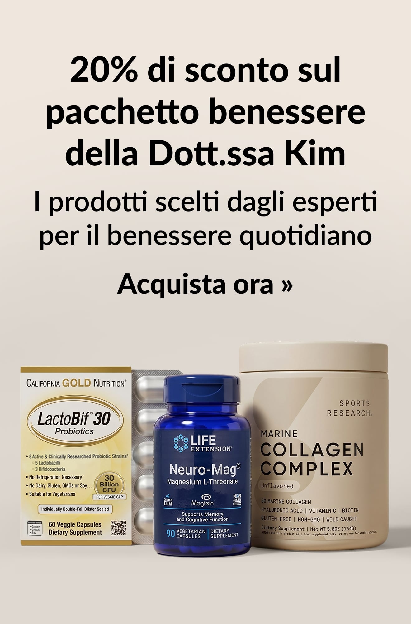 Banner Beauty che promuove il 20% di sconto sul pacchetto benessere della Dott.ssa Kim. Acquista ora.