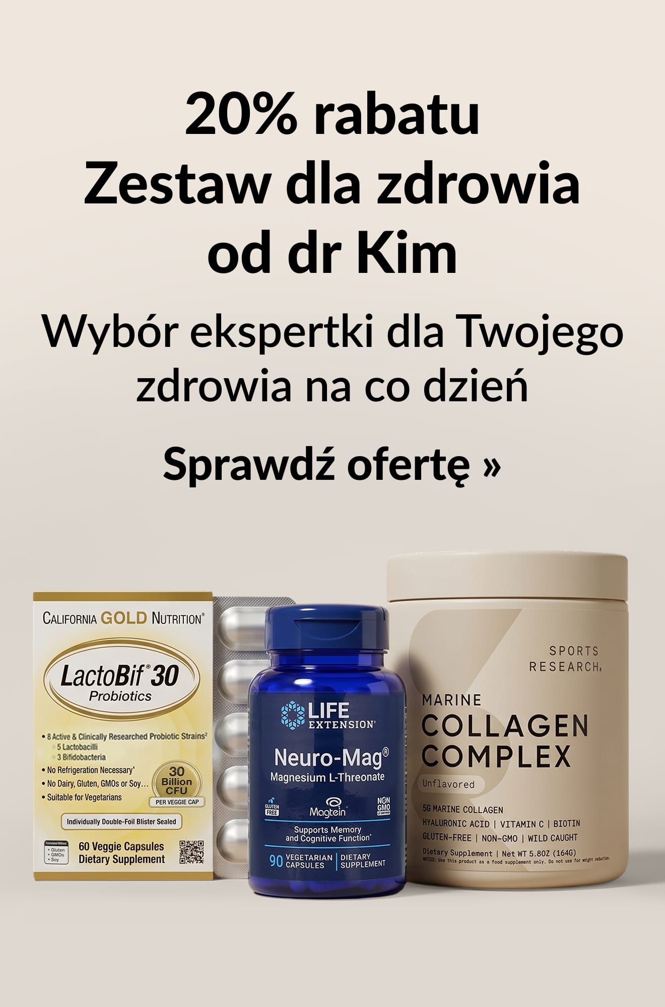 Baner reklamowy Beauty promujący 20% zniżki na zestaw dla zdrowia od dr Kim. Sprawdź ofertę.