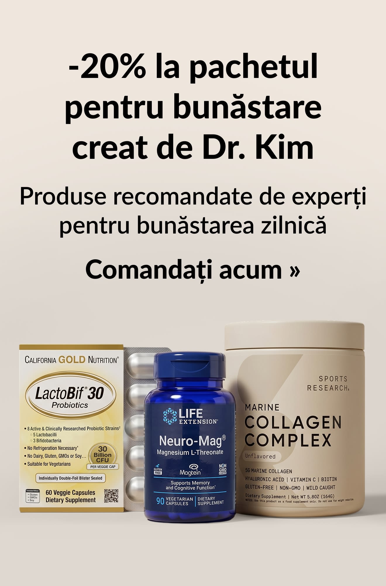 Banner cu produse de frumusețe ce promovează 20% reducere la pachetul pentru bunăstare creat de Dr. Kim. Comandați acum.