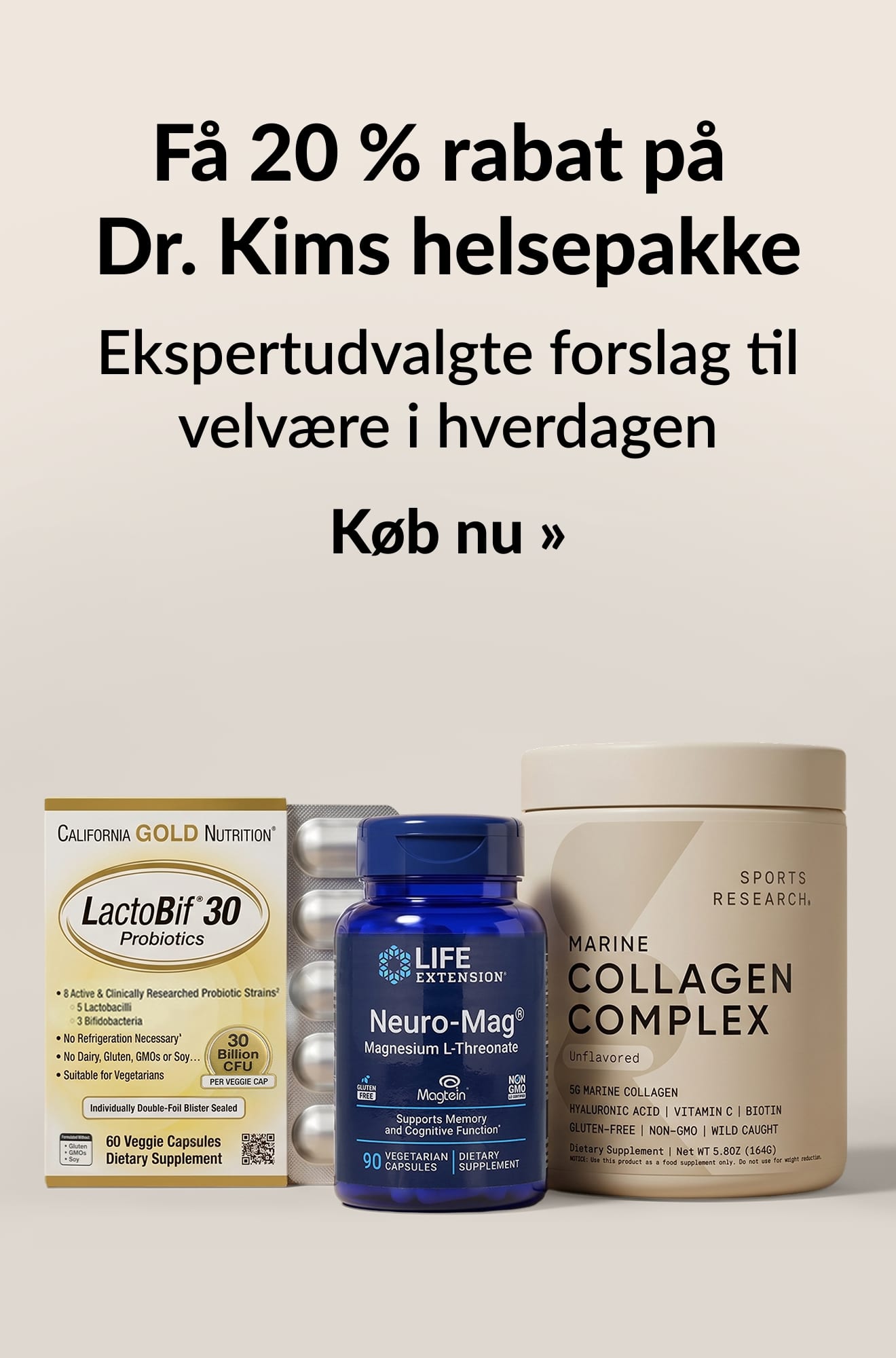 Skønhedsbanner, der reklamerer for 20 % rabat på Dr. Kims helsepakke. Køb nu.