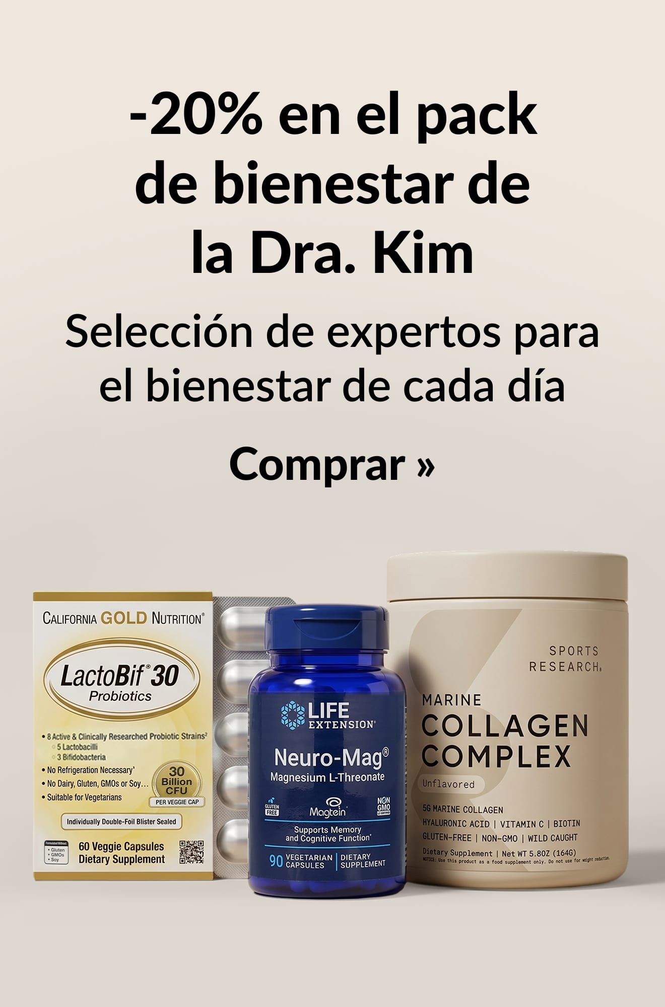 Banner de belleza promocionando un -20% en el pack de bienestar de la Dra. Kim. Comprar.