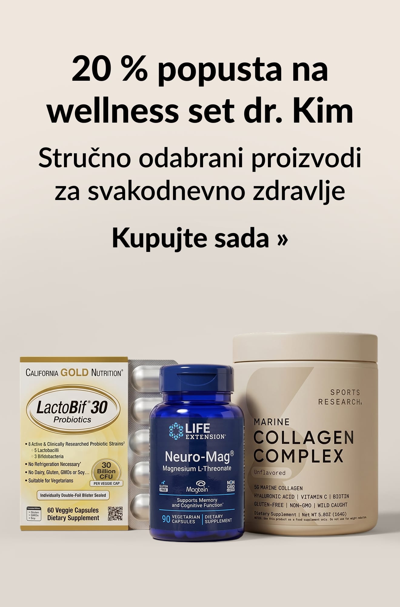 Reklamni natpis za ljepotu koji promovira 20 % popusta na wellness set dr. Kim. Kupujte odmah.