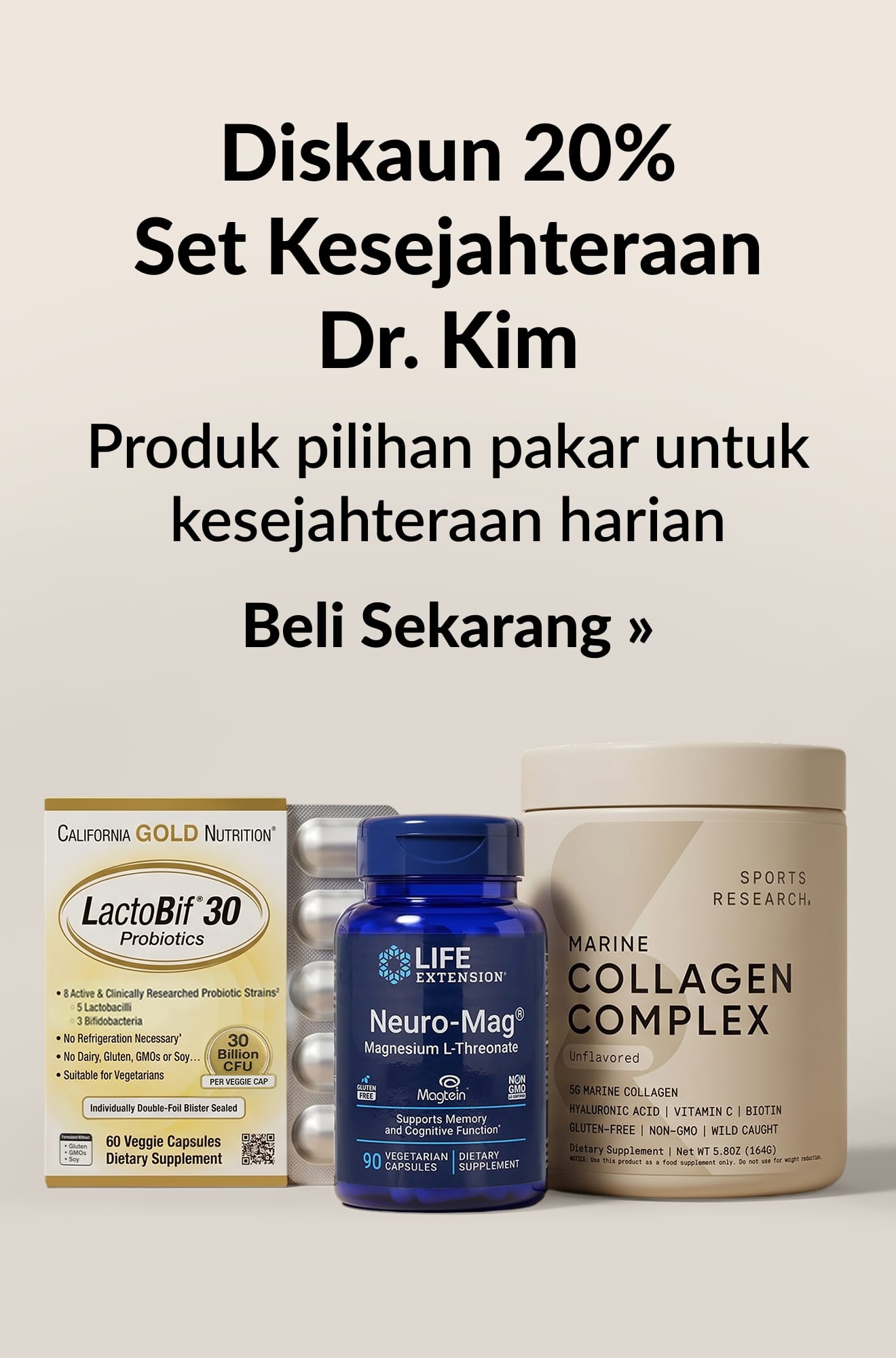 Sepanduk produk kecantikan mempromosikan Diskaun 20% Set Kesejahteraan Dr. Kim. Beli Sekarang.