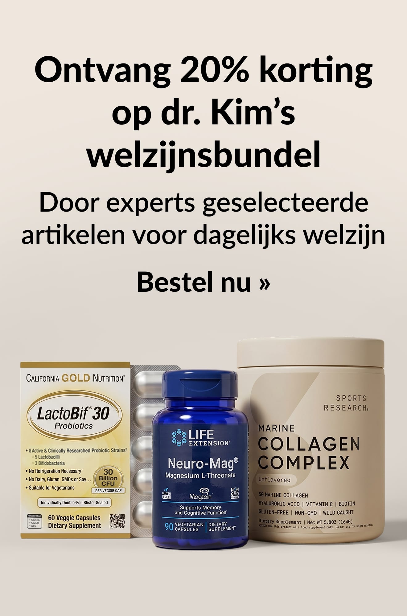 Beauty-banner: 20% korting op Dr. Kim's welzijnsbundel. Bestel nu.
