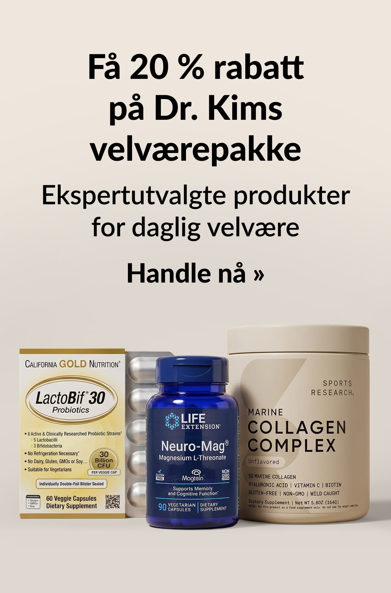 Skjønnhetsbanner med 20 % rabatt på Dr. Kims velværepakke. Handle nå.