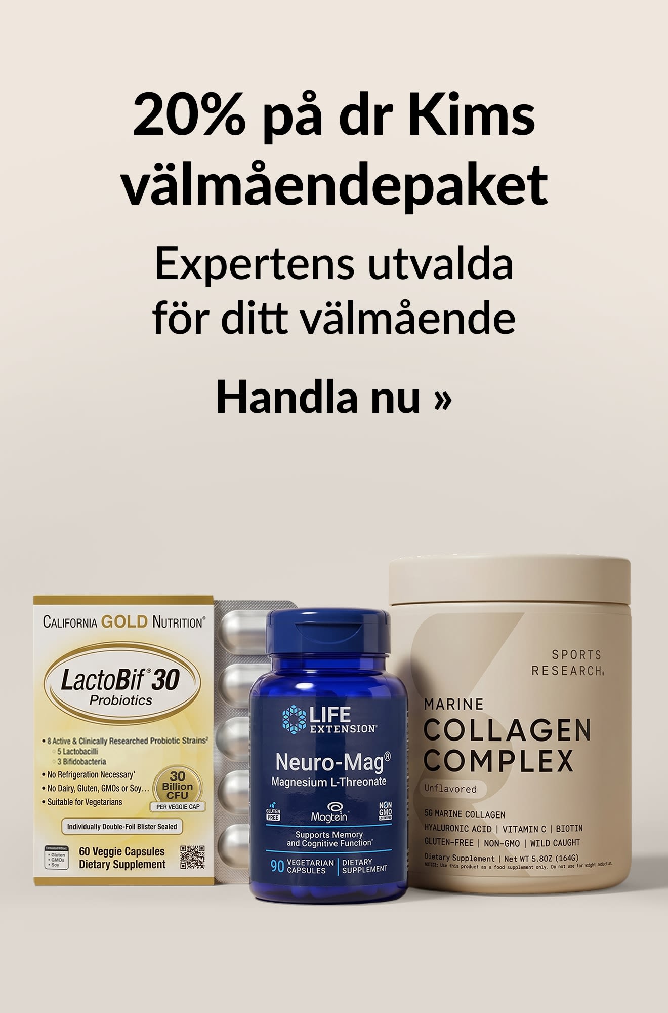 Skönhetsbanner som gör reklam för 20% på dr Kims välmåendepaket. Handla nu.