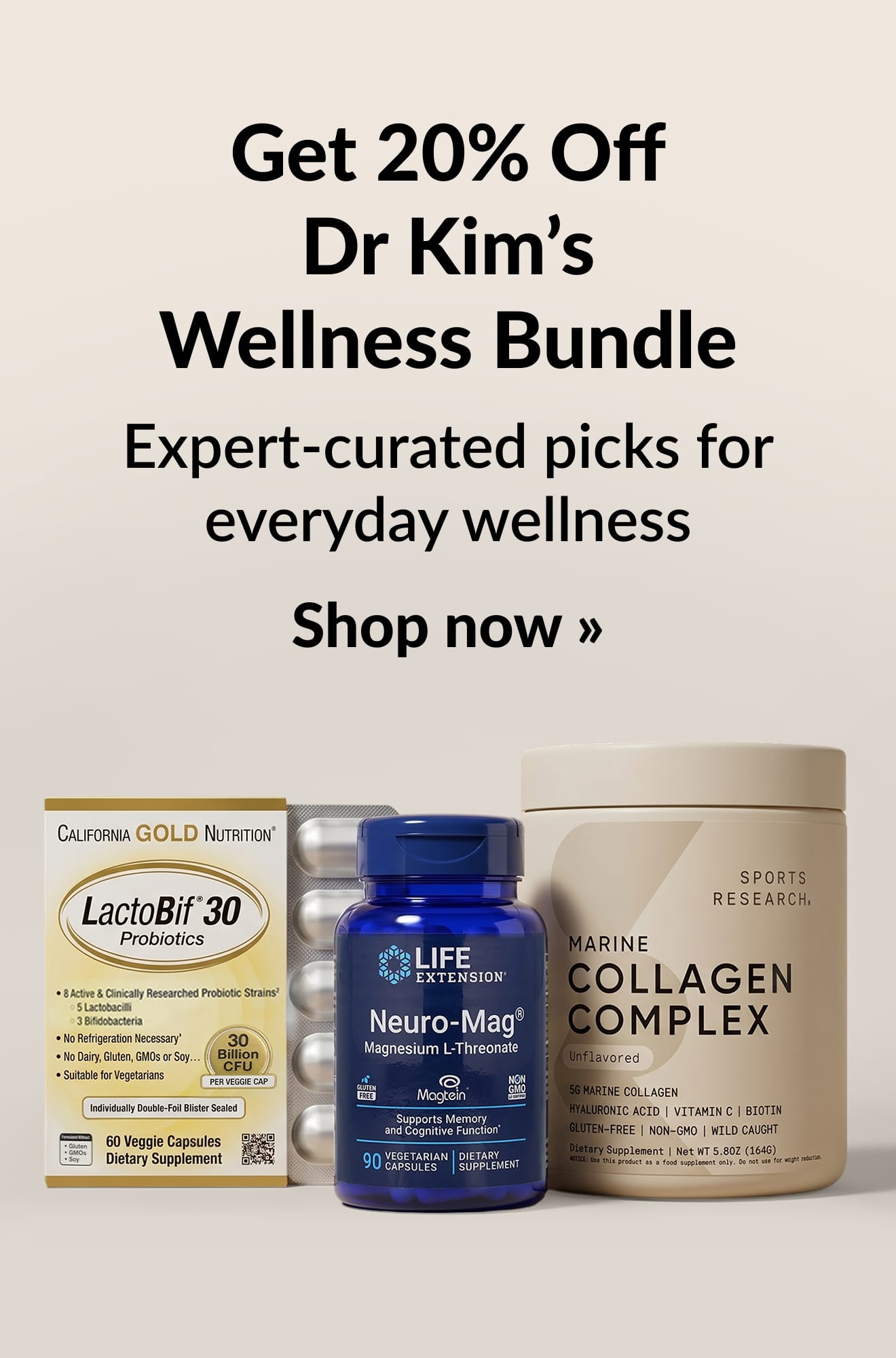 Beauty banner promoting 20% Off Dr Kim's Wellness Bundle. Shop now.