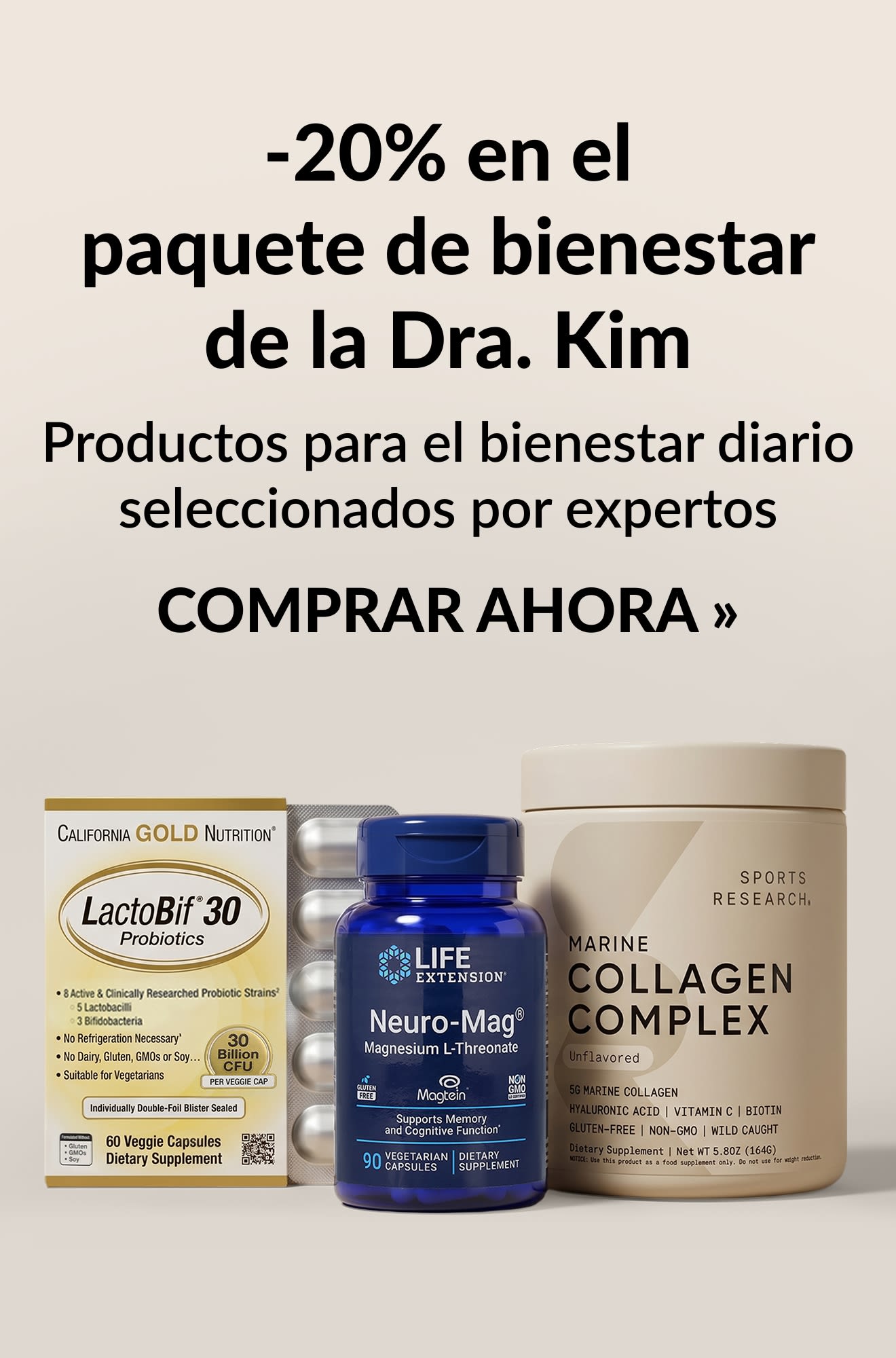 Banner de belleza que promociona un 20% de descuento en el paquete de bienestar de la Dra. Kim. Comprar ahora.
