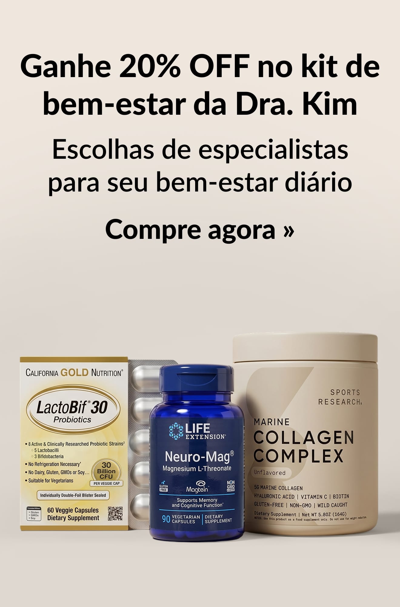 Banner de beleza promovendo 20% OFF no kit de bem-estar da Dra. Kim. Compre agora.