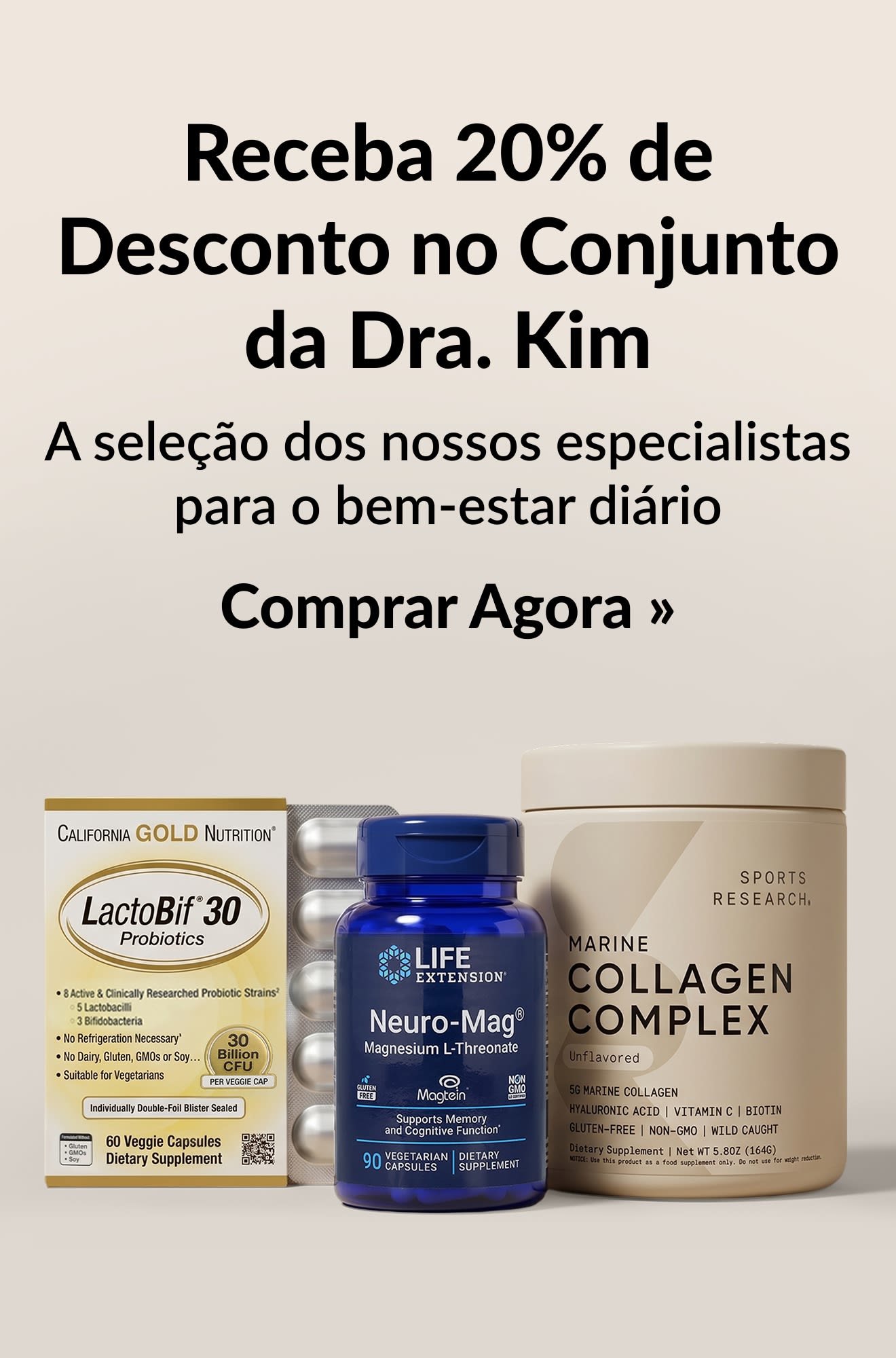 Banner de beleza a promover 20% de Desconto no Conjunto da Dra. Kim. Comprar Agora