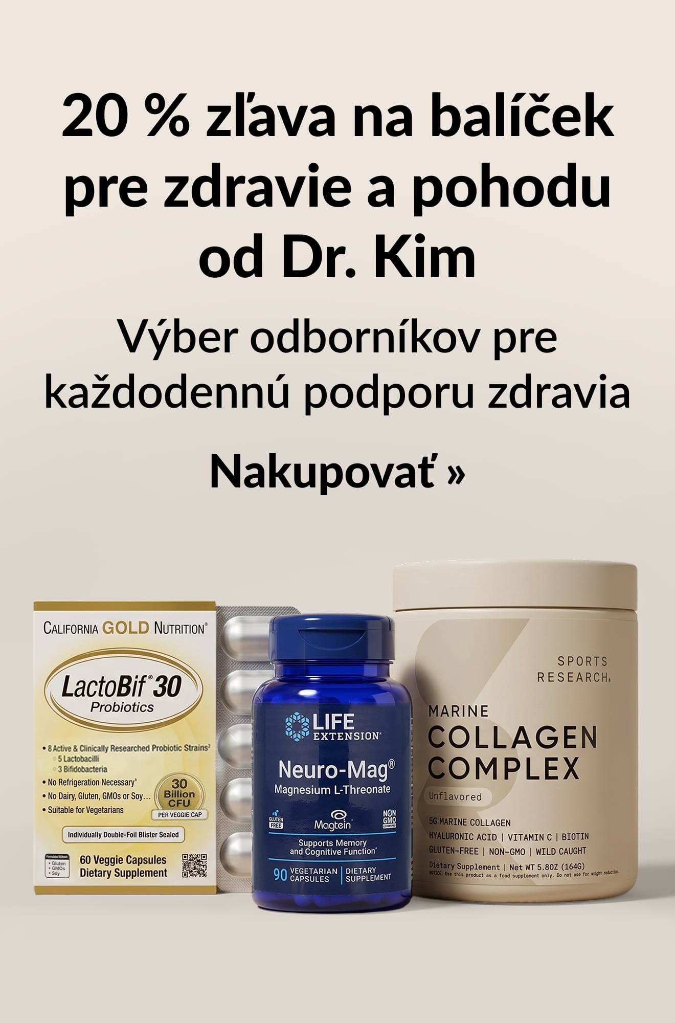 Baner propagujúci 20 % zľavu na balíček pre zdravie od Dr. Kim. Nakupovať.