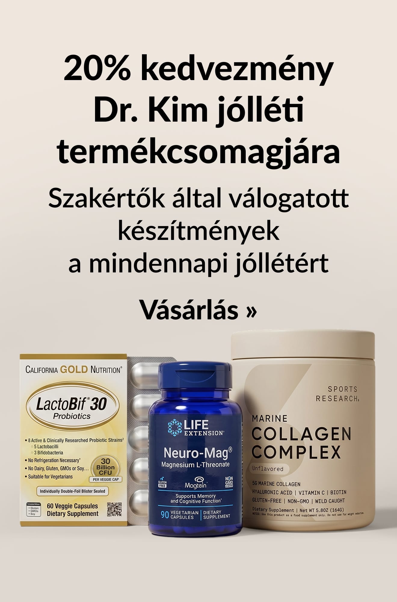 Dr. Kim jólléti termékcsomagjára 20% kedvezményt hirdető banner. Vásároljon most!
