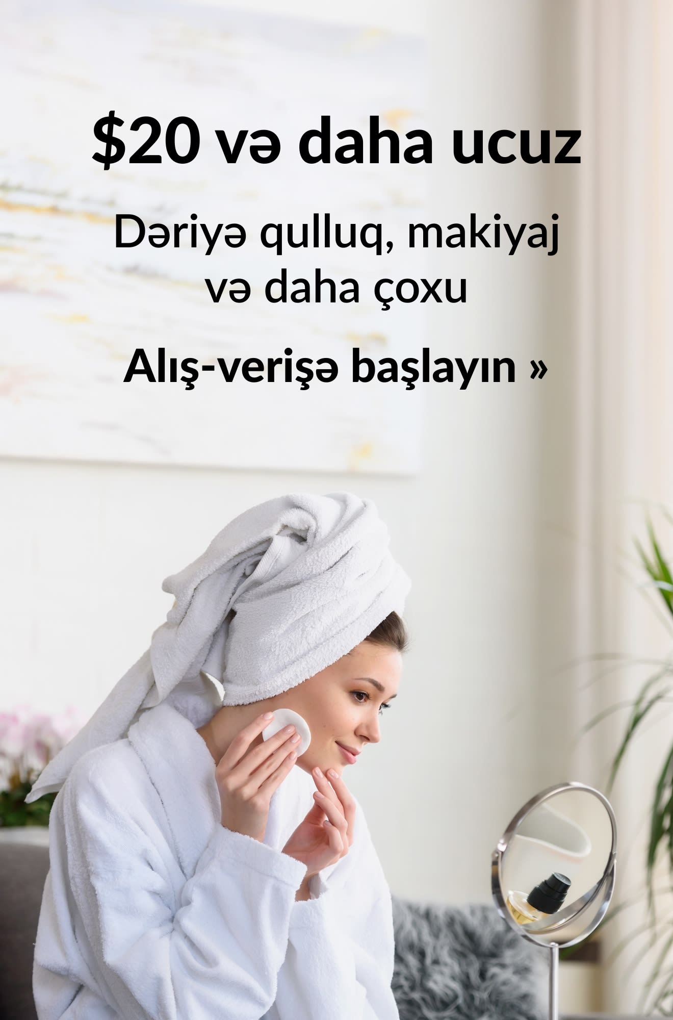 20$-dan ucuz gözəllik məhsullarını təşviq edən gözəllik banneri. Alış-verişə başlayın