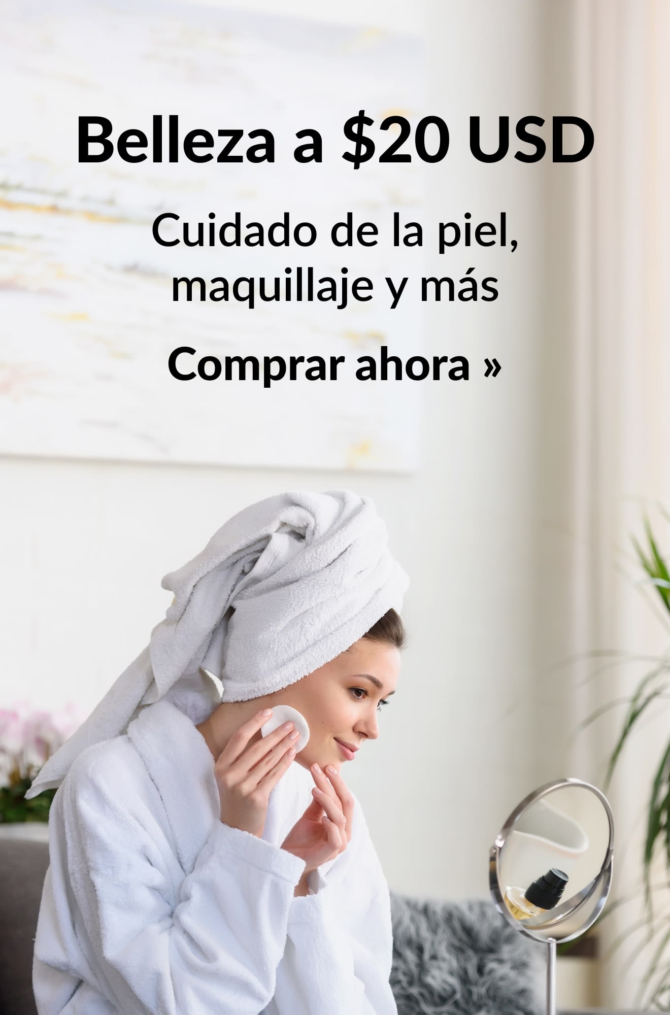 Banner que promociona productos de belleza por menos de $20 USD. Comprar ahora.