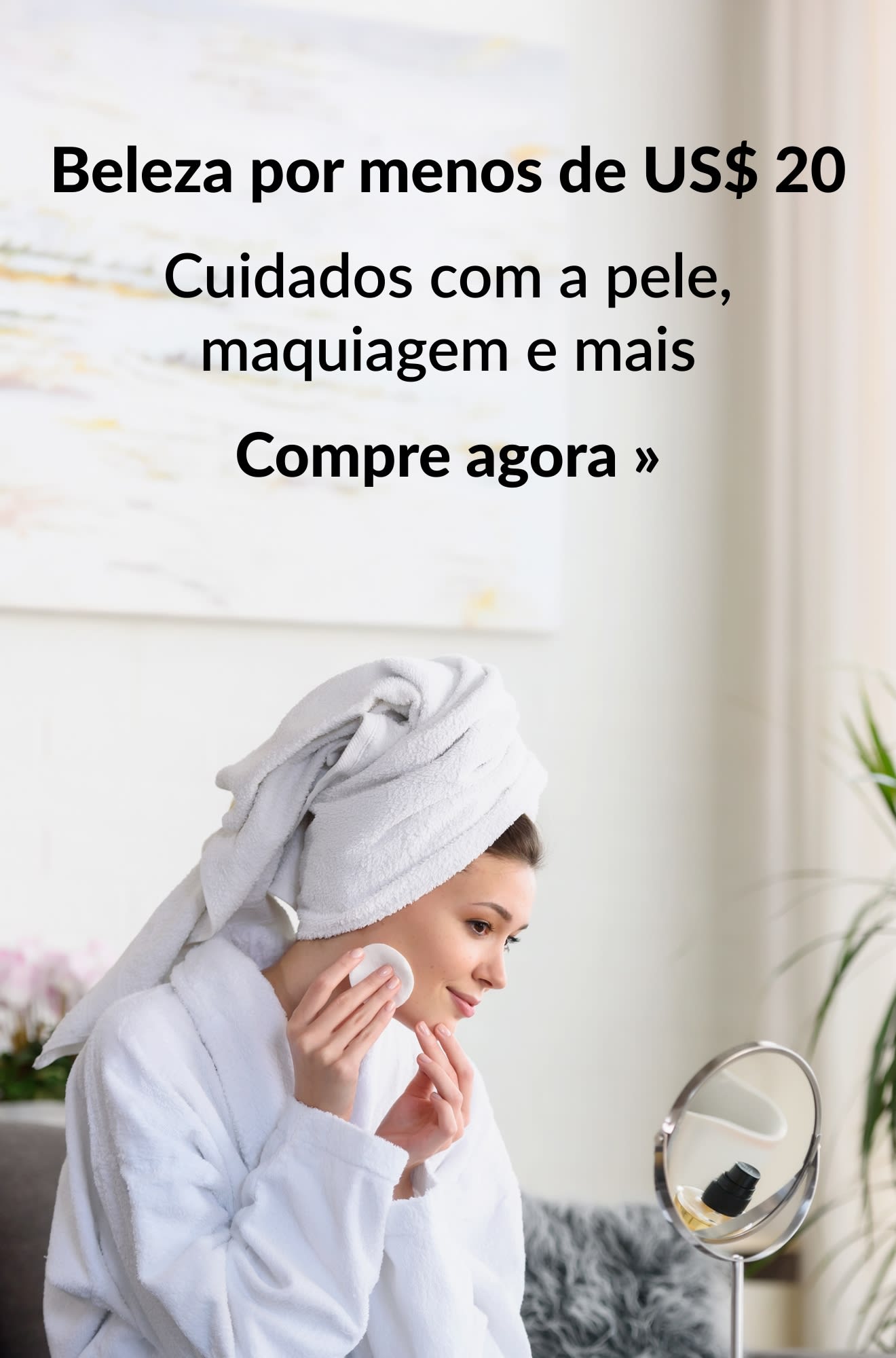 Banner de beleza com produtos de beleza por menos de US$ 20. Compre agora.