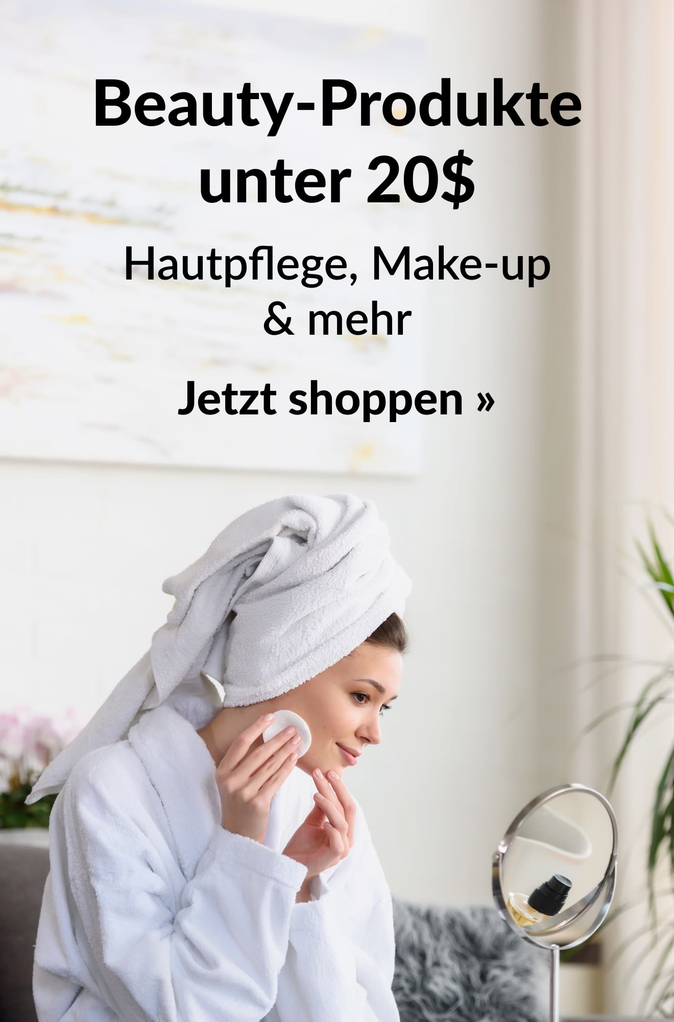 Beauty-Banner, das für Kosmetik-Produkte unter 20 Dollar wirbt. Jetzt shoppen.