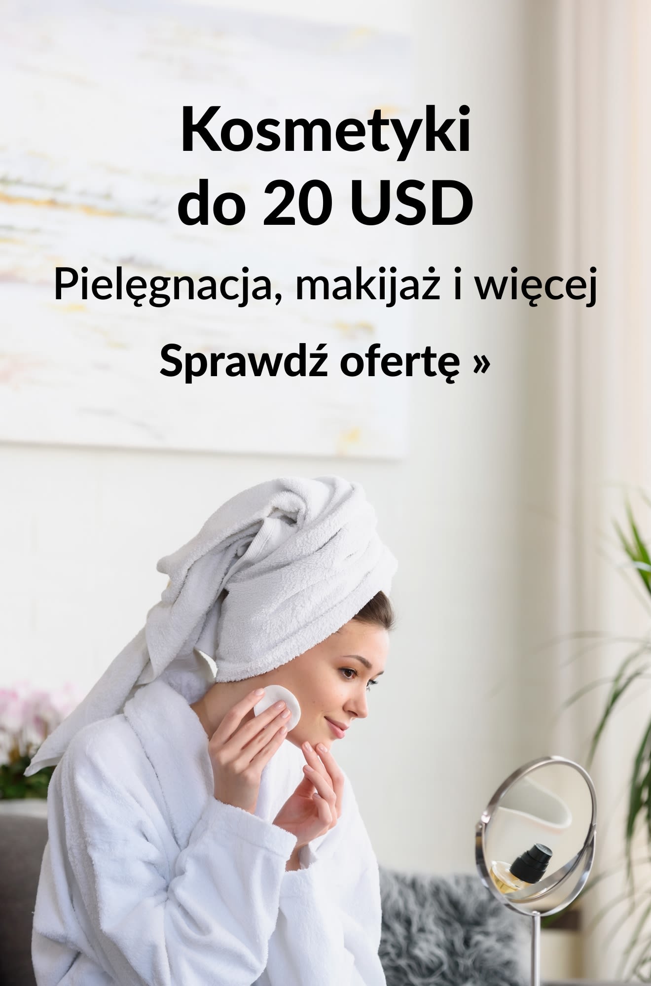 Baner branży beauty promujący kosmetyki poniżej 20 USD. Kup teraz.