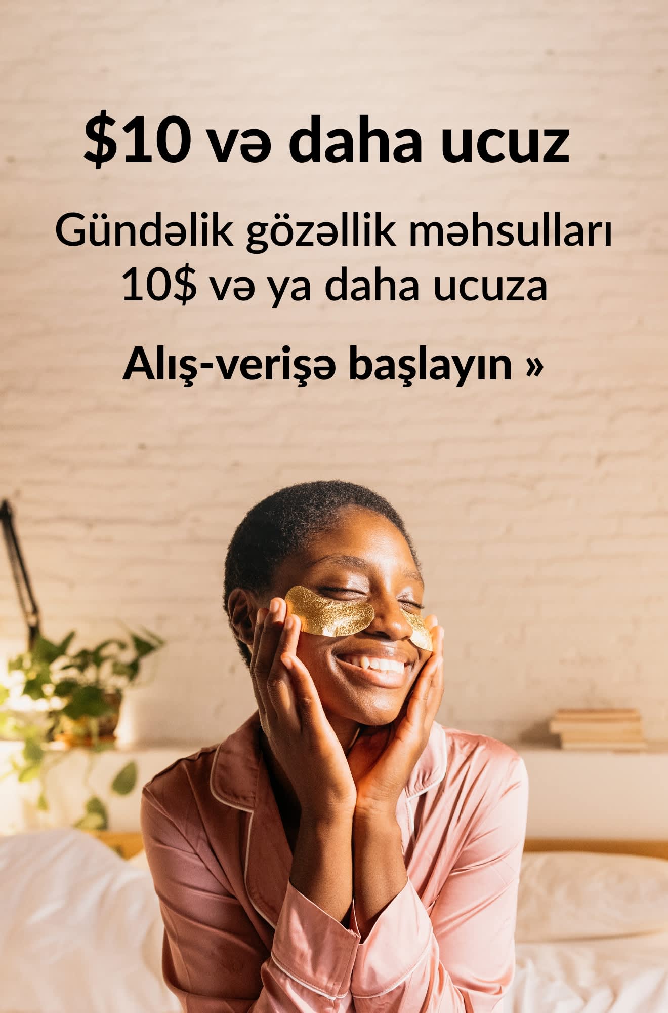 10$ və ya daha ucuza gündəlik gözəllik məhsullarını təşviq edən gözəllik banneri. Alış-verişə başlayın