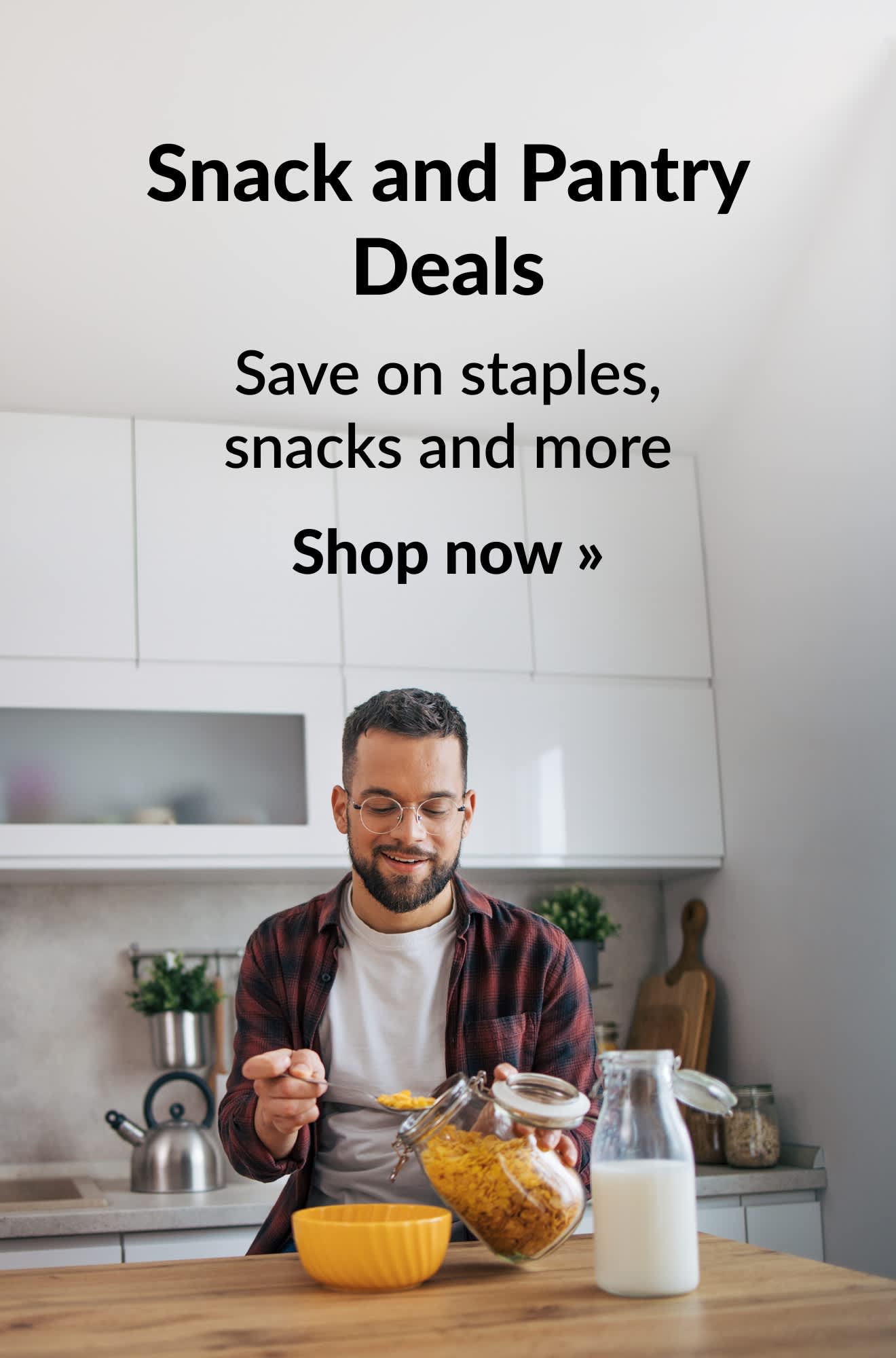 Grocery banner promoting snack and pantry deals. Shop now.