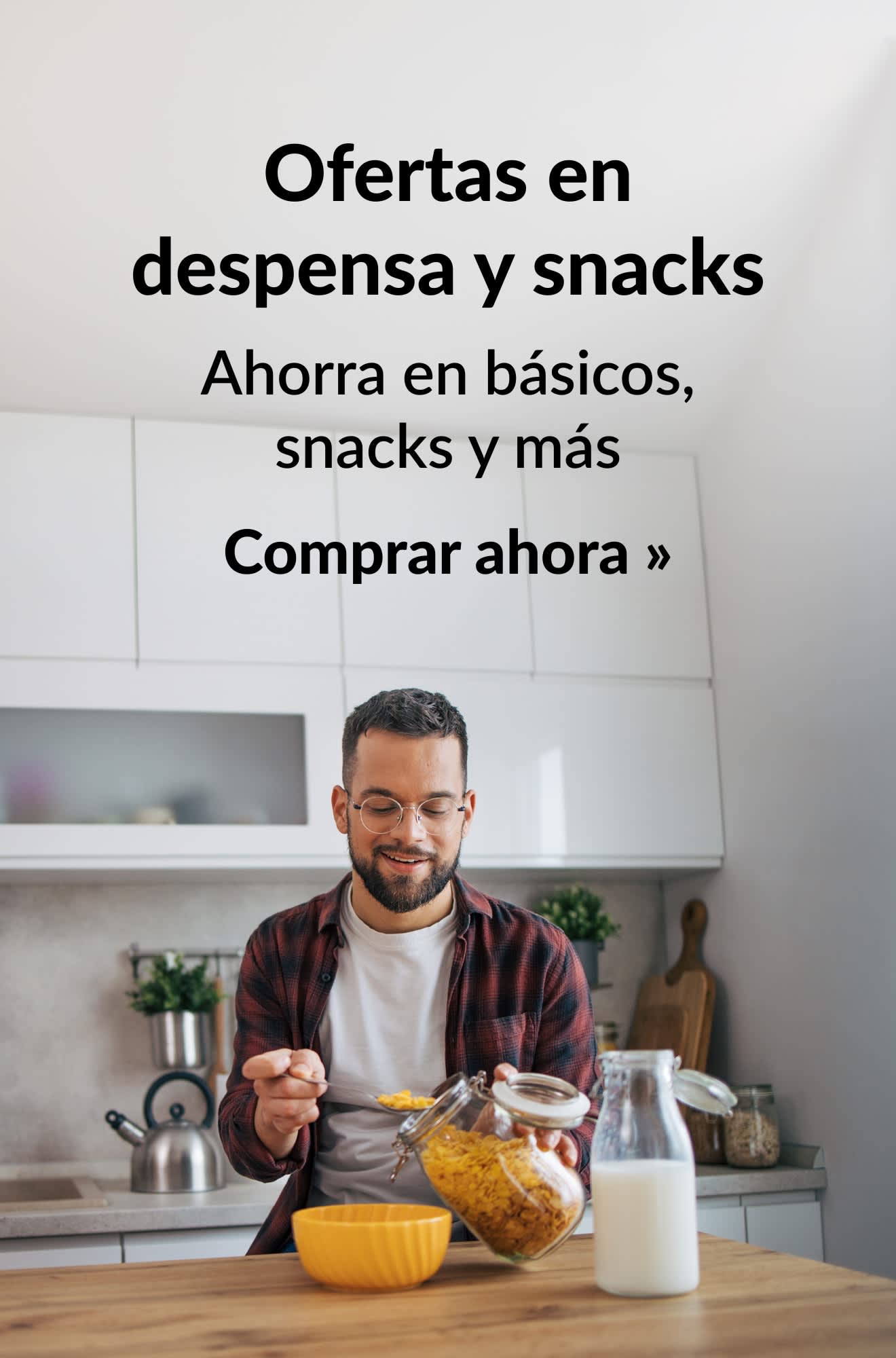 Banner que promociona ofertas en despensa y snacks. Comprar ahora.