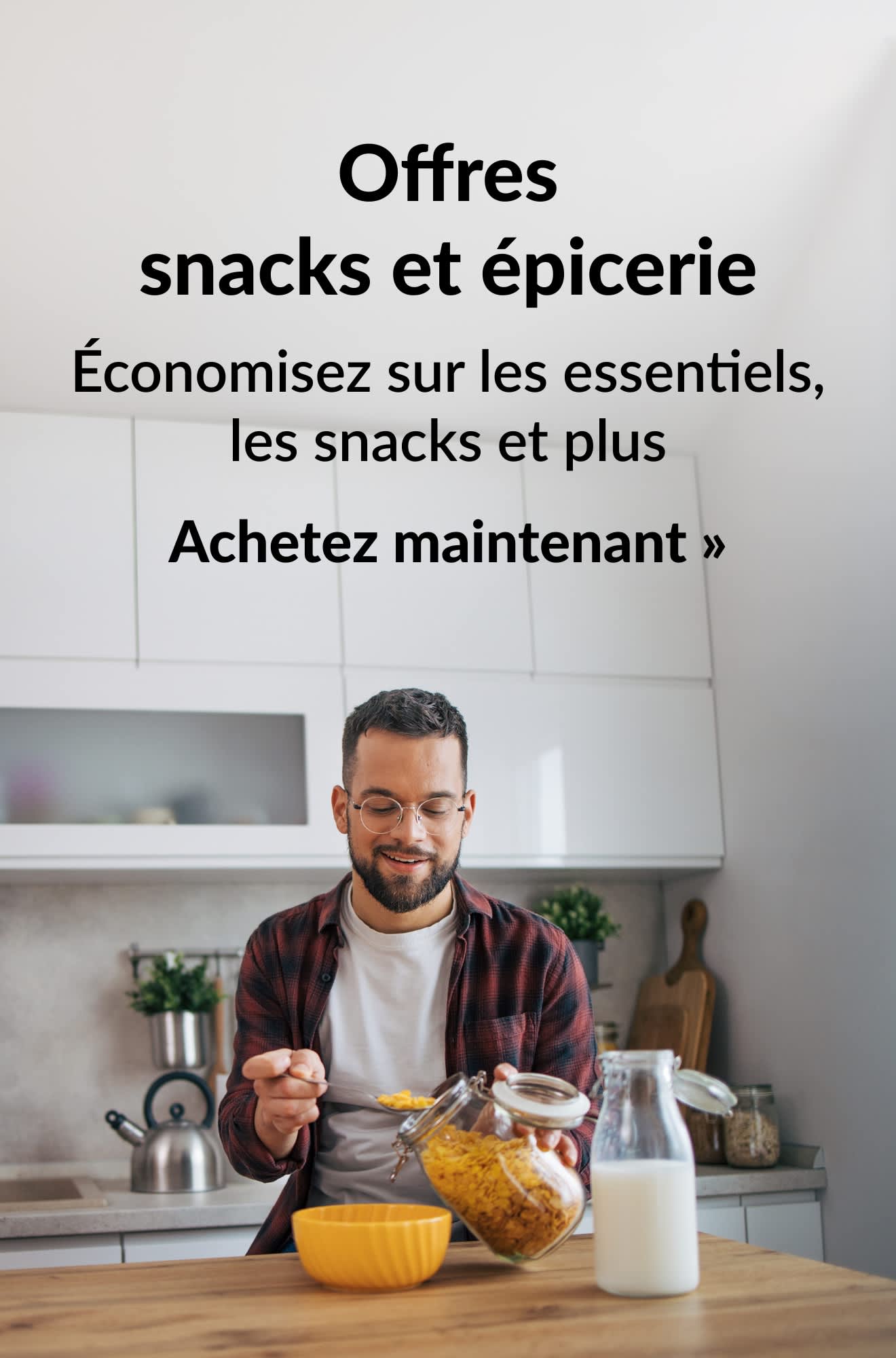 Bannière d'épicerie mettant en avant les offres sur les snacks et les produits du garde-manger. Achetez maintenant.