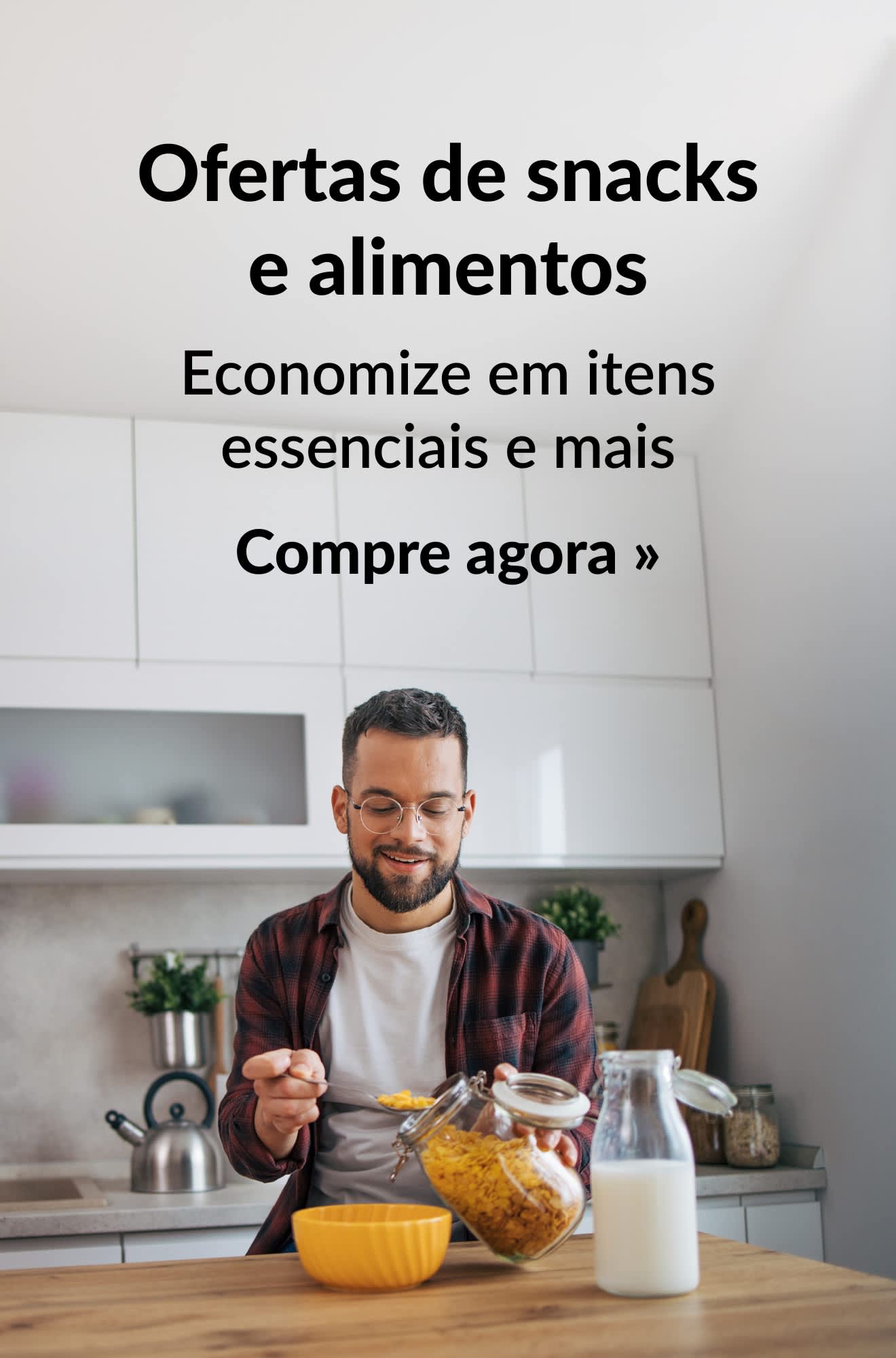 Banner de alimentos promovendo ofertas de snacks e alimentos. Compre agora.